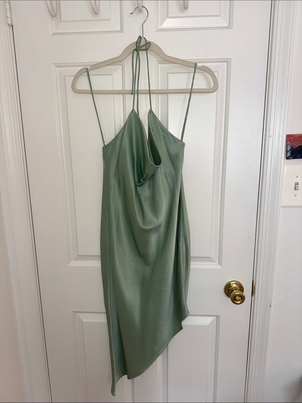 Alice + Olivia Sage Green Asymmetrical Satin Slip Dress